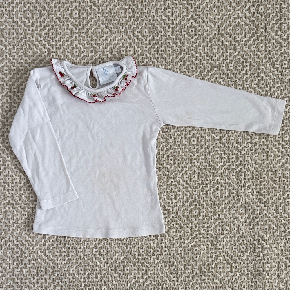 Little English White long Sleeve Top with ruffle cherry embroidered collar